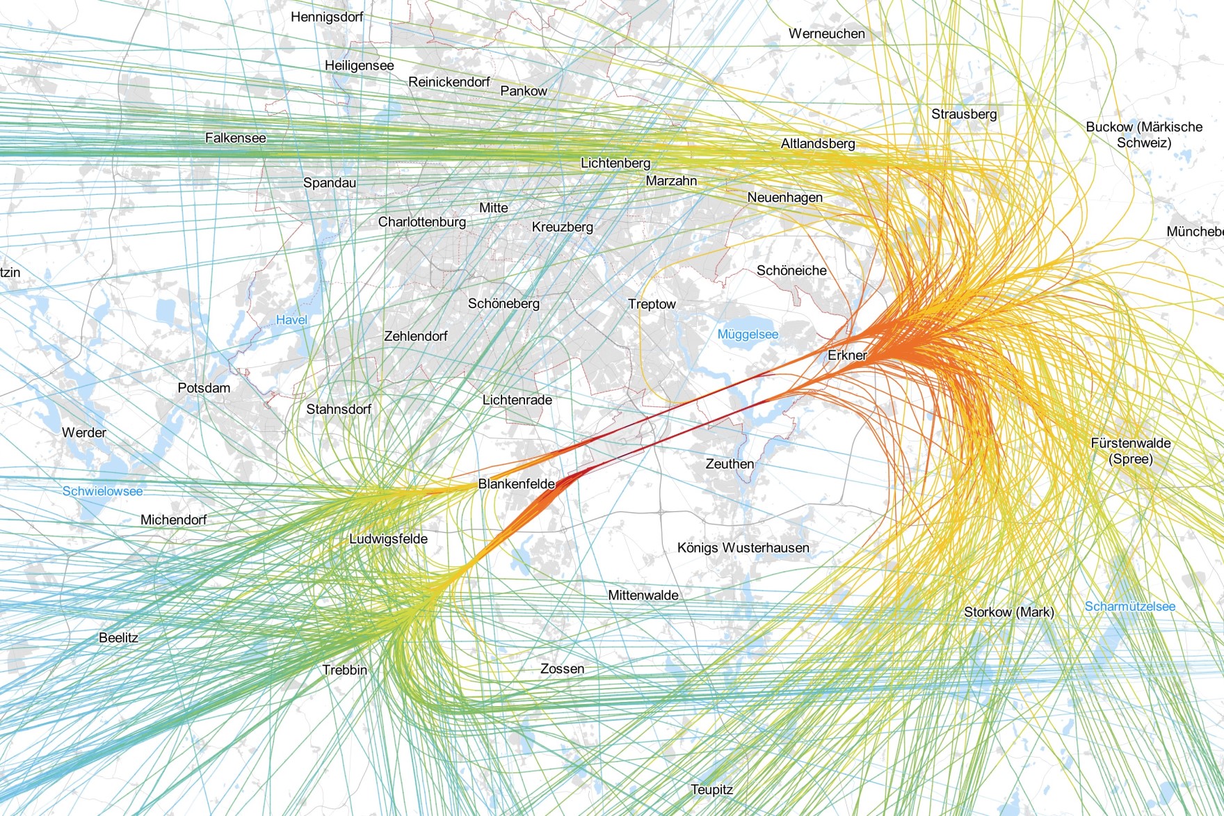 Map shows flight tracks of the busiest day with westerly winds in 2023