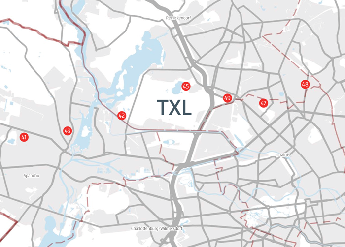 Karte zeigt stationäre Messstellen für ehemals TXL