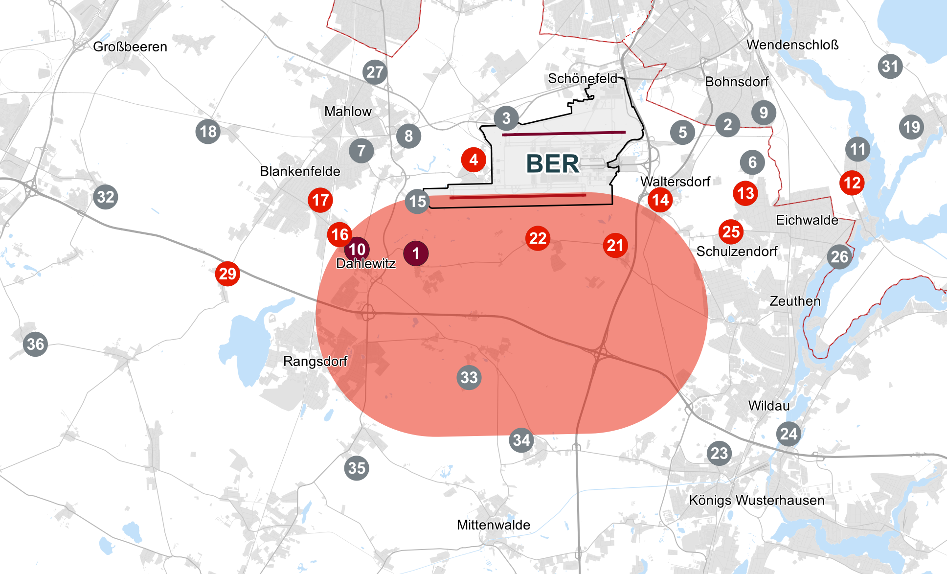 Karte mit Messstellen zur ILA im Umfeld des BER.