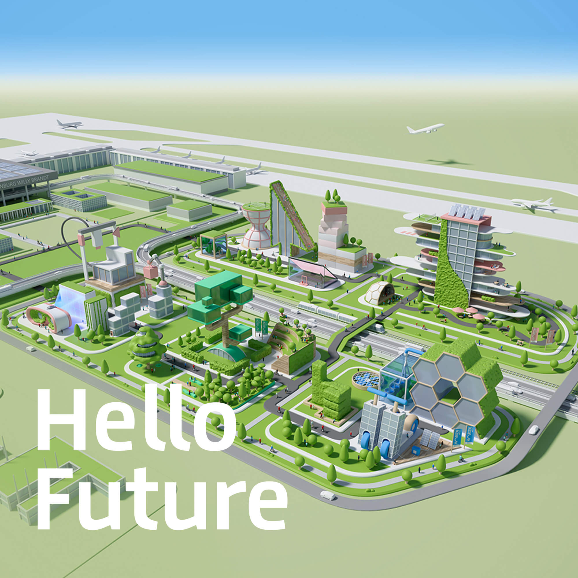 Illustration of the HORIZN BER CITY quarter directly in front of Terminal 1 of BER Airport with innovative building ideas in green surroundings and a friendly colour scheme. © FOREAL® GbR / Flughafen Berlin Brandenburg GmbH 