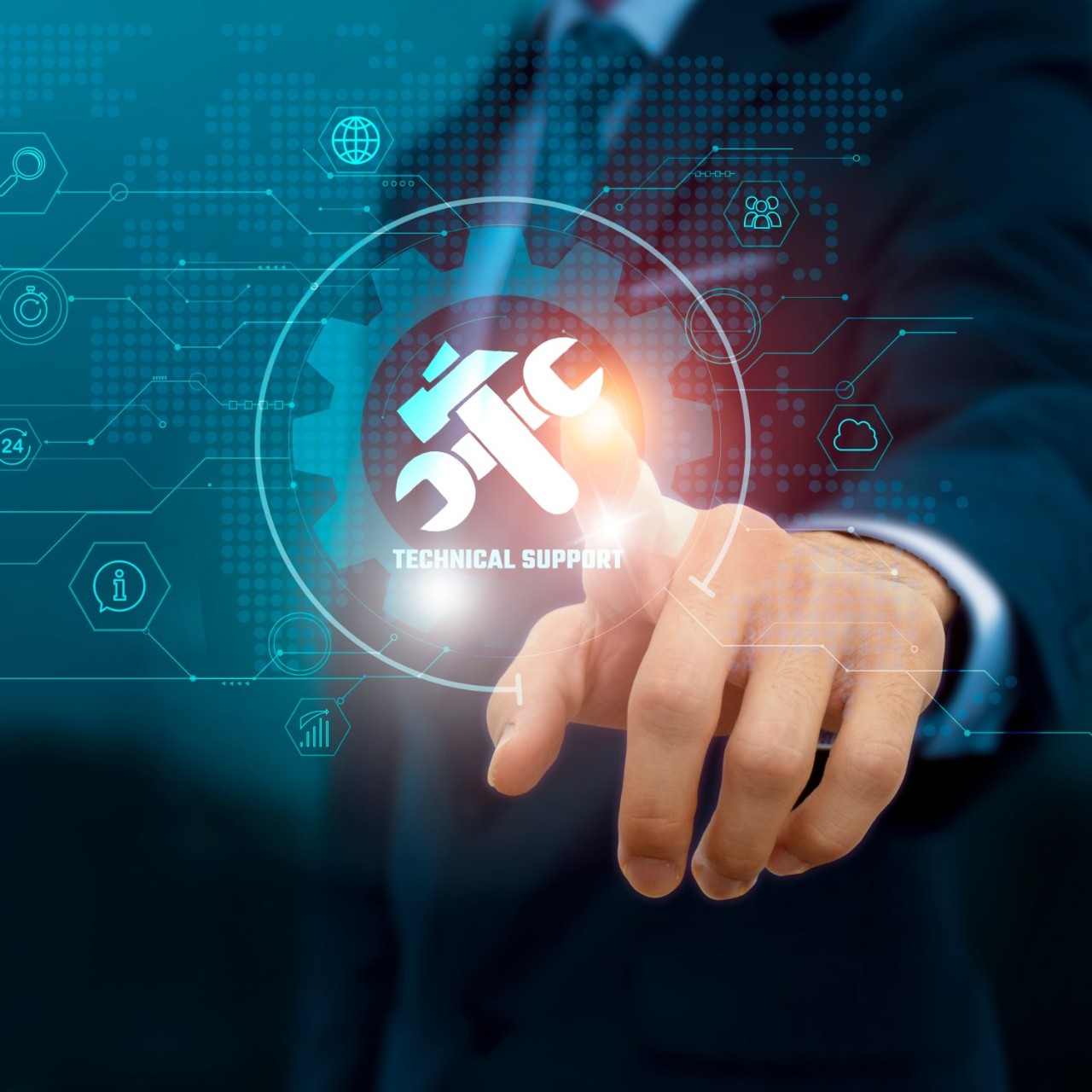   Eine Hand drückt einen virtuellen Button mit dem Werkzeugsymbolen und dem Schriftzug "Technical support"