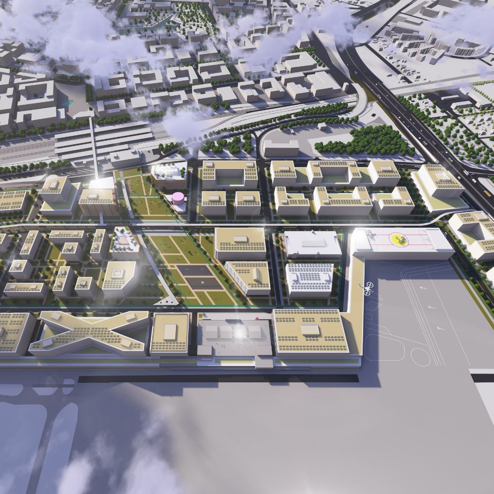 Horizn BER City 3D Visualisierung mit Menschen mi Vordergrund, begrünten Flächen und Häusern im Hintergrund und einem Zug