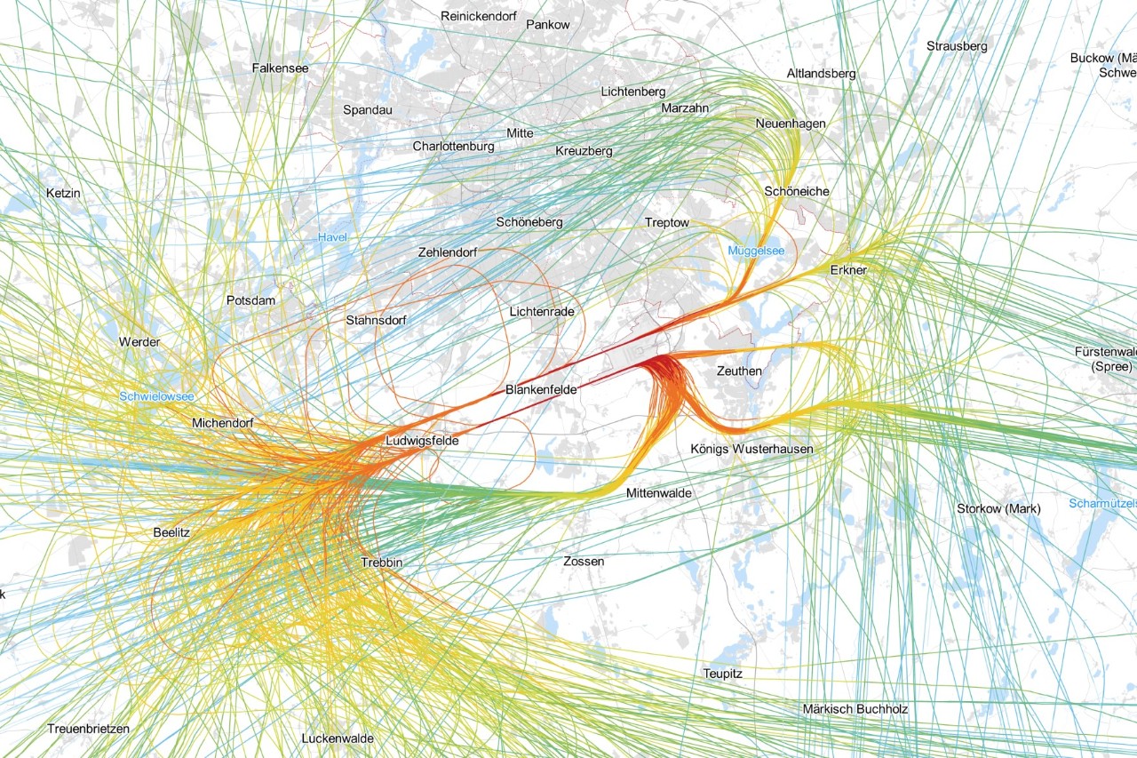Karte zeigt Nutzung der Nordbahn am verkehrsreichsten Tag mit Ostwind in 2023