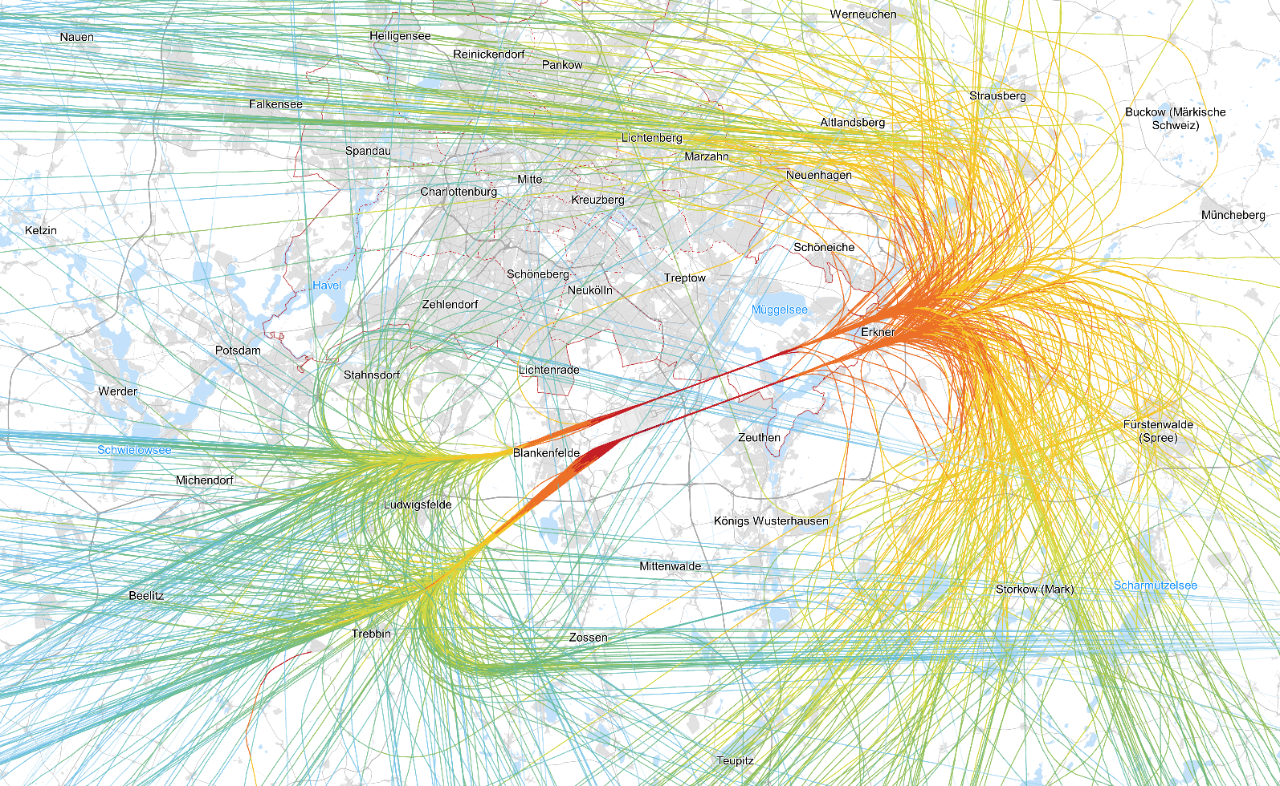Die Karte zeigt die Flugspuren des verkehrsreichsten Tages mit Westwind im Jahr 2024