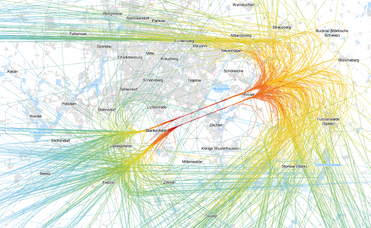 Die Karte zeigt die Flugspuren des verkehrsreichsten Tages mit Westwind im Jahr 2025