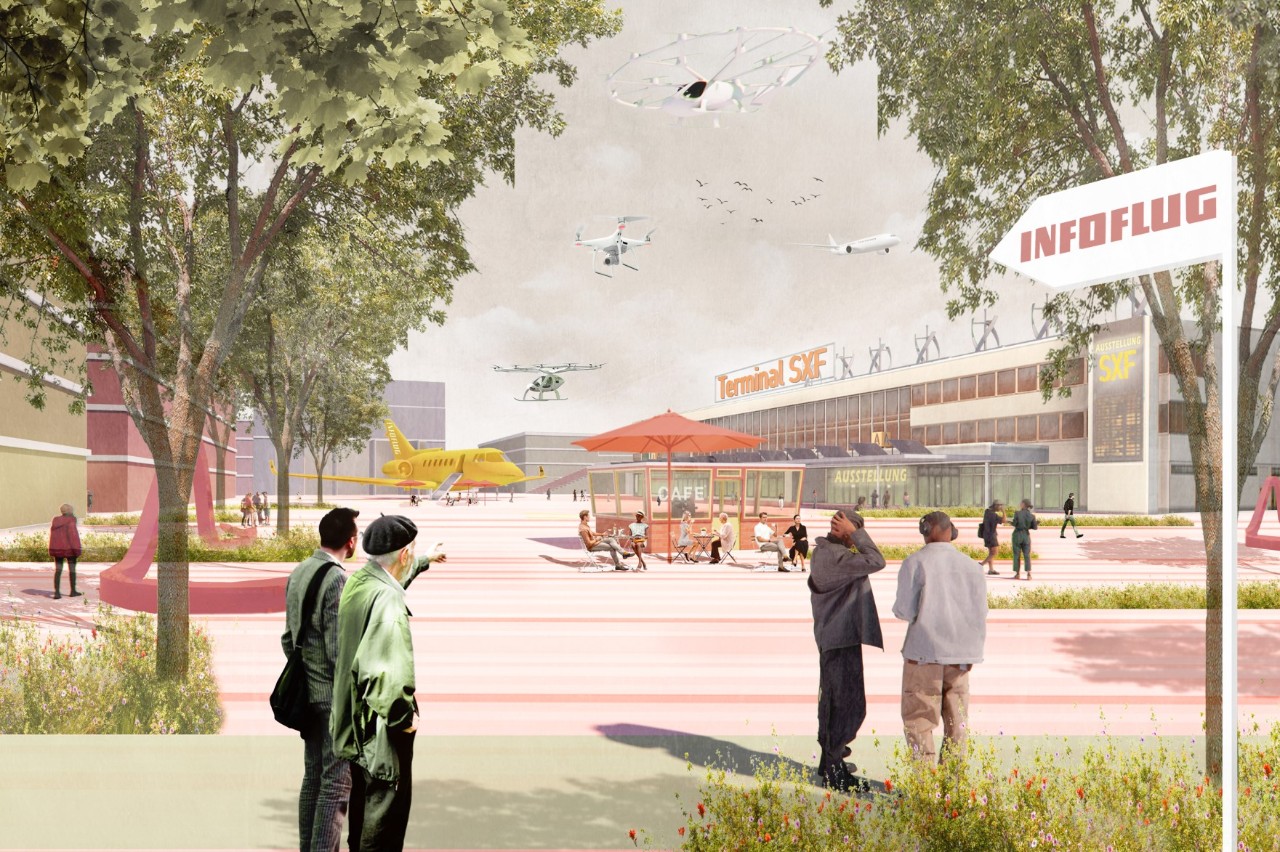 Visualisierung Quartier SXF 2.0, Menschen stehen vor dem ehemaligen Schönefelder Flughafen