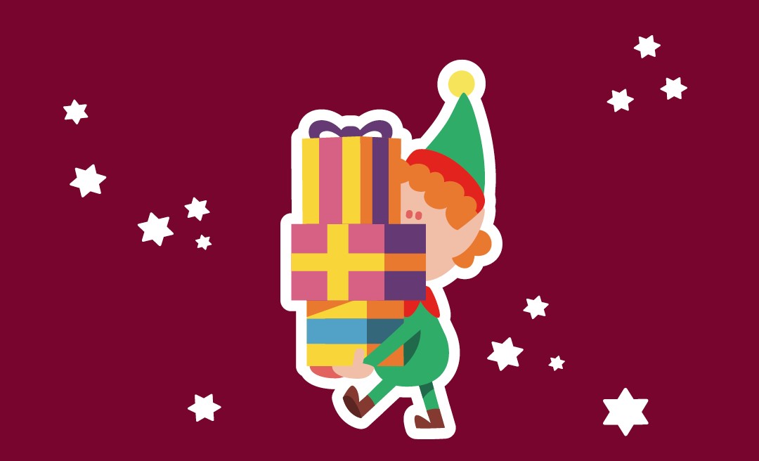 Illustration: Ein Weihnachtswichtel, der Geschenke trägt