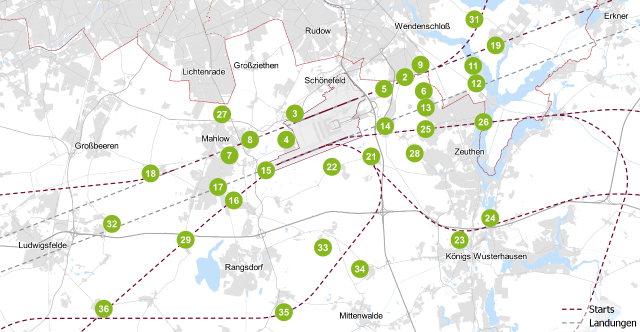Grafik mit grünen Punkten auf einer Karte. Die Punkte stehen für Messstellen rund um den BER.