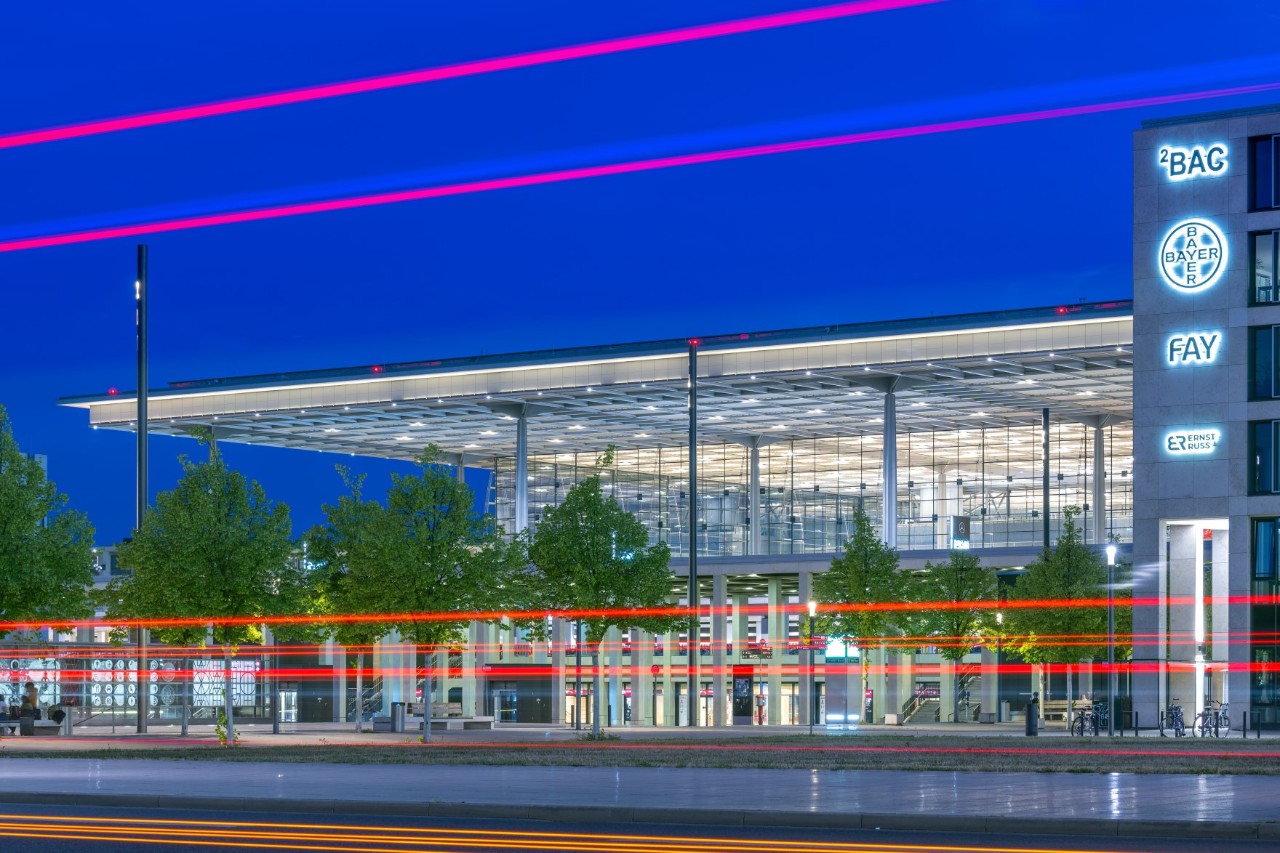 Night shot of Terminal 1, long exposure. The terminal lights up.