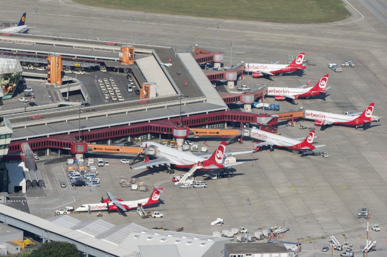 View of Terminal 1 from the tower, with numerous airberlin aircraft docked.