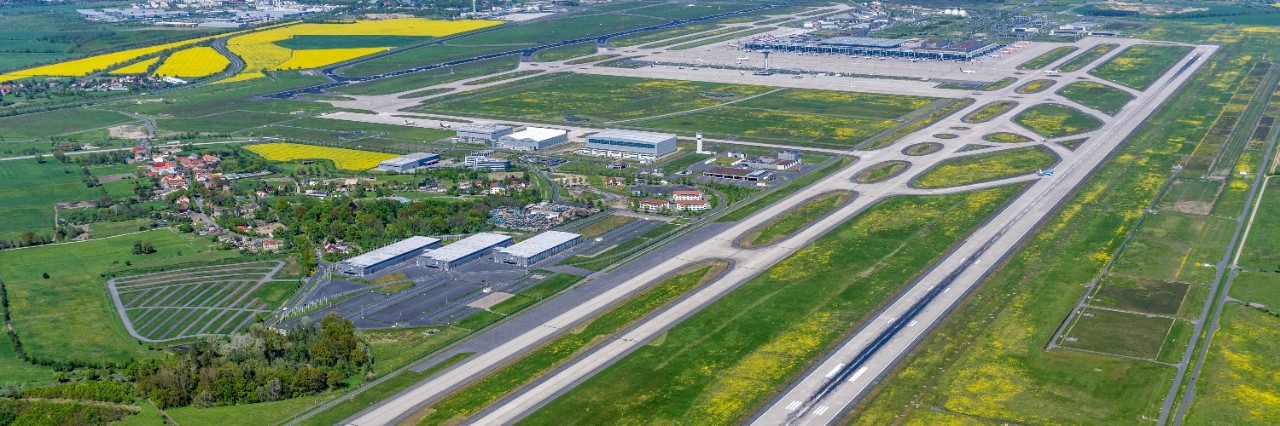 Aerial view of BER airport with runway