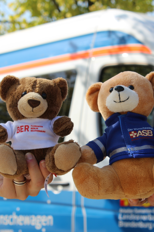 Two teddy bears are held by two different hands.