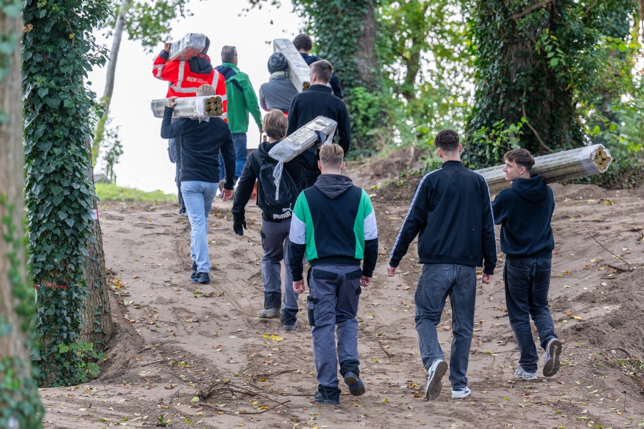 A small group is walking up a hill. Some of them are carrying building materials on their shoulders.