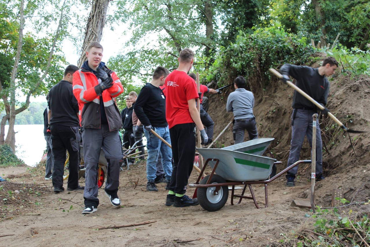 Several people are working with gardening tools.