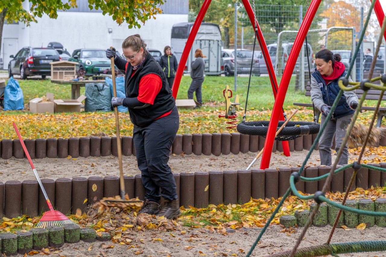Two people are sweeping leaves.