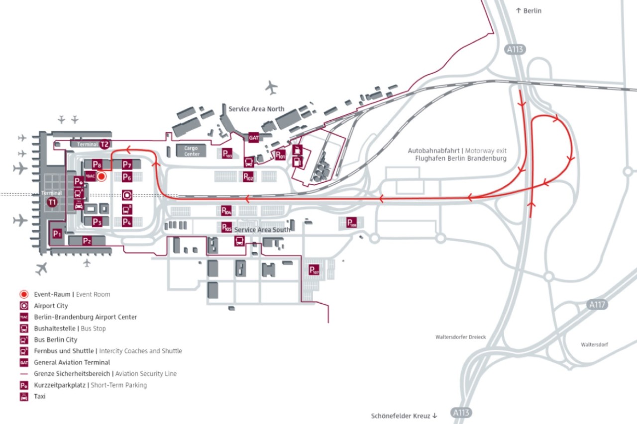 Map showing how to get to the BBAC building and the event room inside.