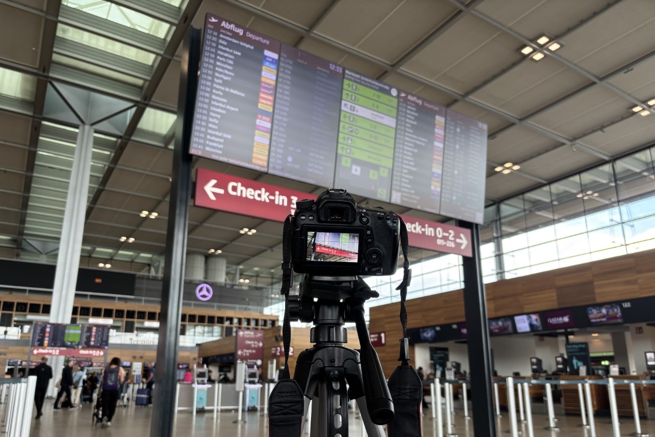 A camera in an airport terminal