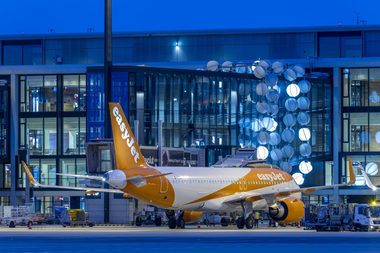 An easyJet aircraft at the gate.