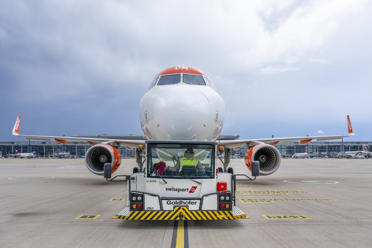 An easyJet aircraft seen from the front on the apron.