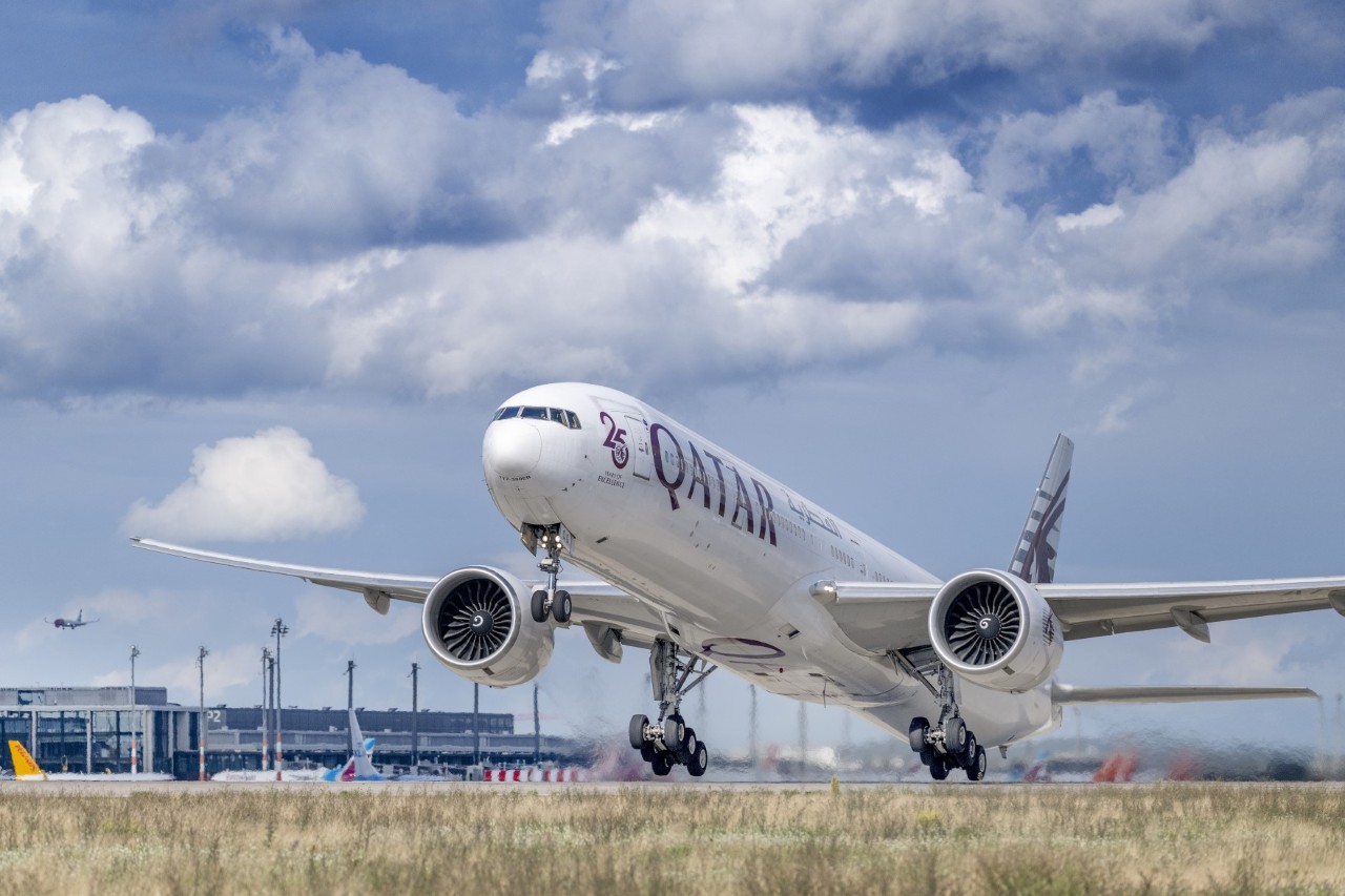 A Qatar Airways aircraft taking off.