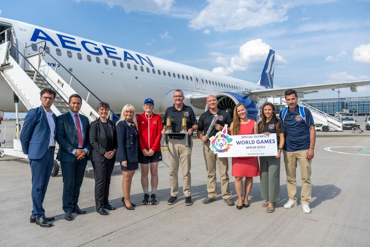 Aegean aircraft with Flame of Hope arrives in Berlin on 9 June 2023.