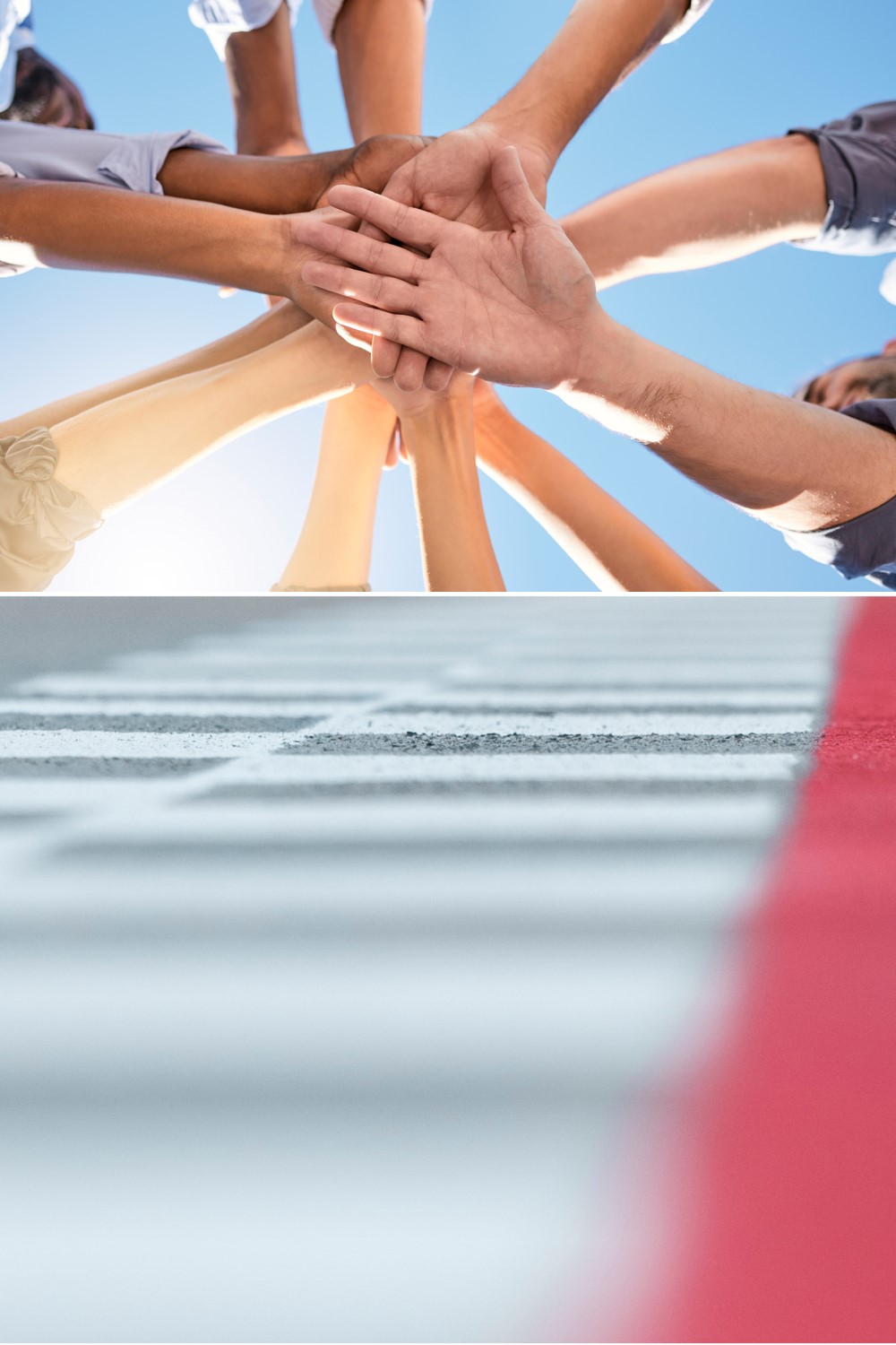 Shown are the stacked hands of a group of people standing in a circle.