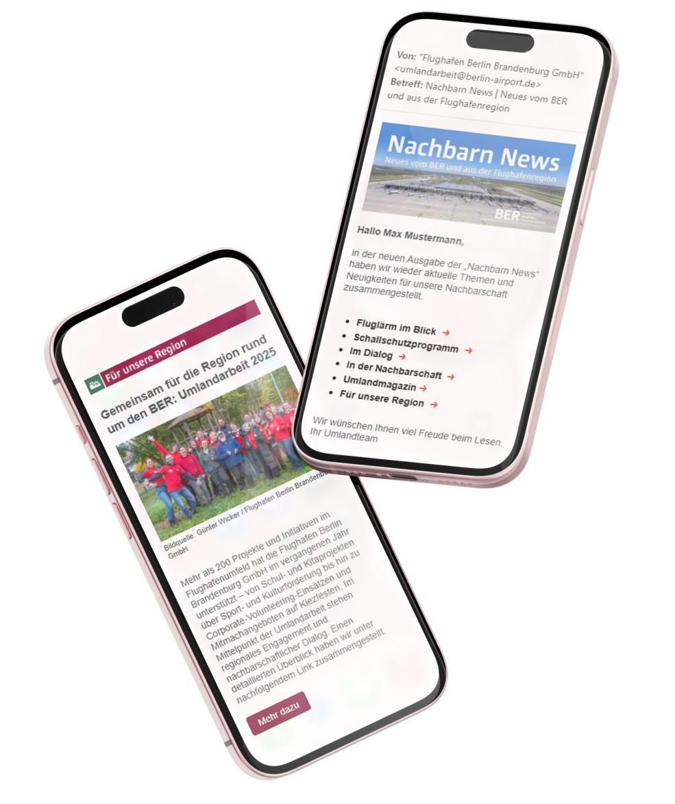 Two smartphones displaying an issue of the newsletter and a website news