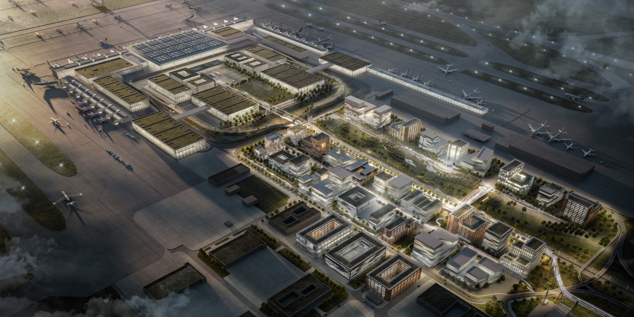 Aerial visualization of tomorrow’s airport district at BER