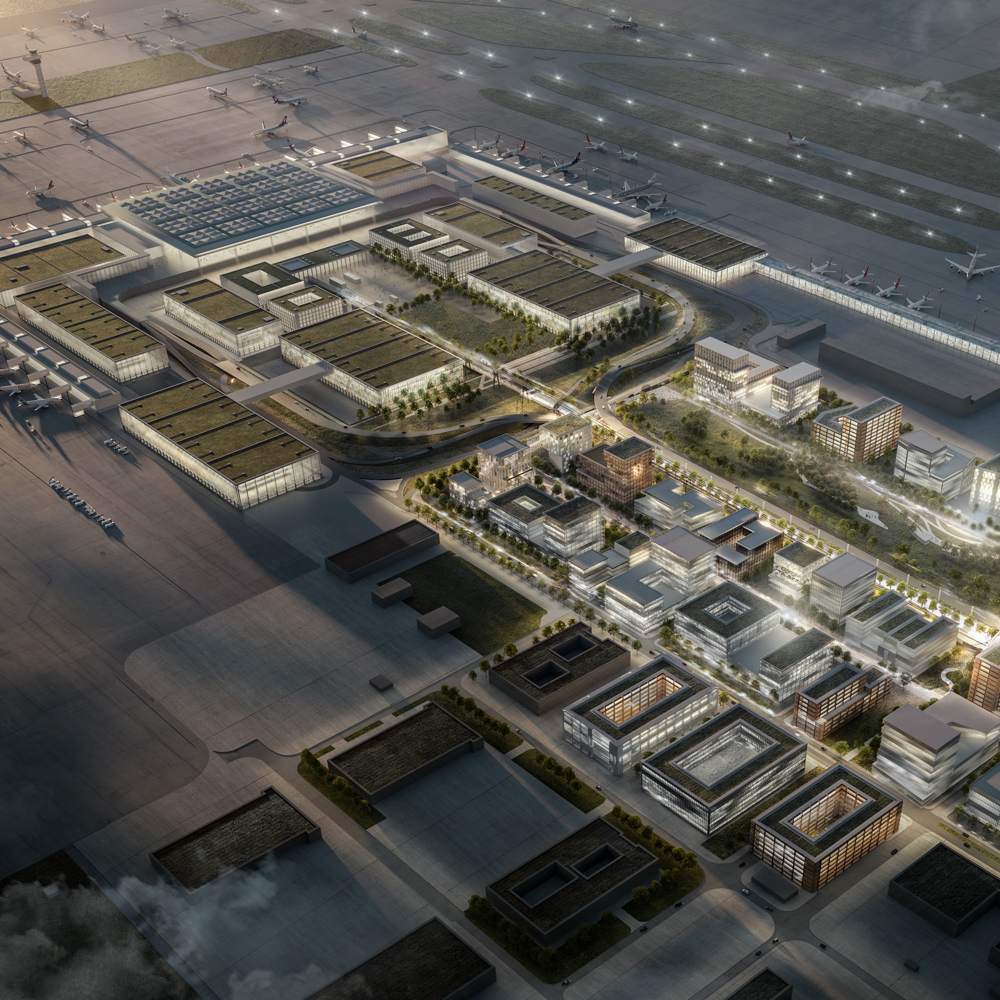 Aerial visualization of tomorrow’s airport district at BER